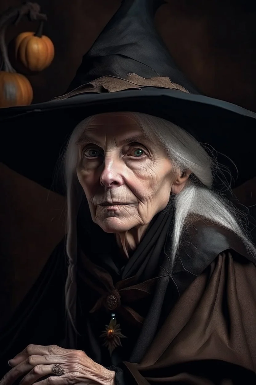 Old White-haired Witchery Witch in her pointed hat ready for the Coven in rusty autumn leaves and silver cobwebs. with burnished browns and abyss black.