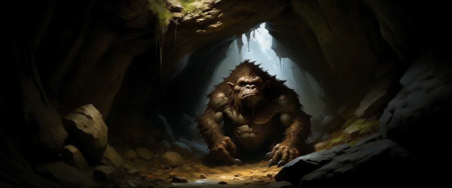 A brown cave with a troll painted by Zhang Lu