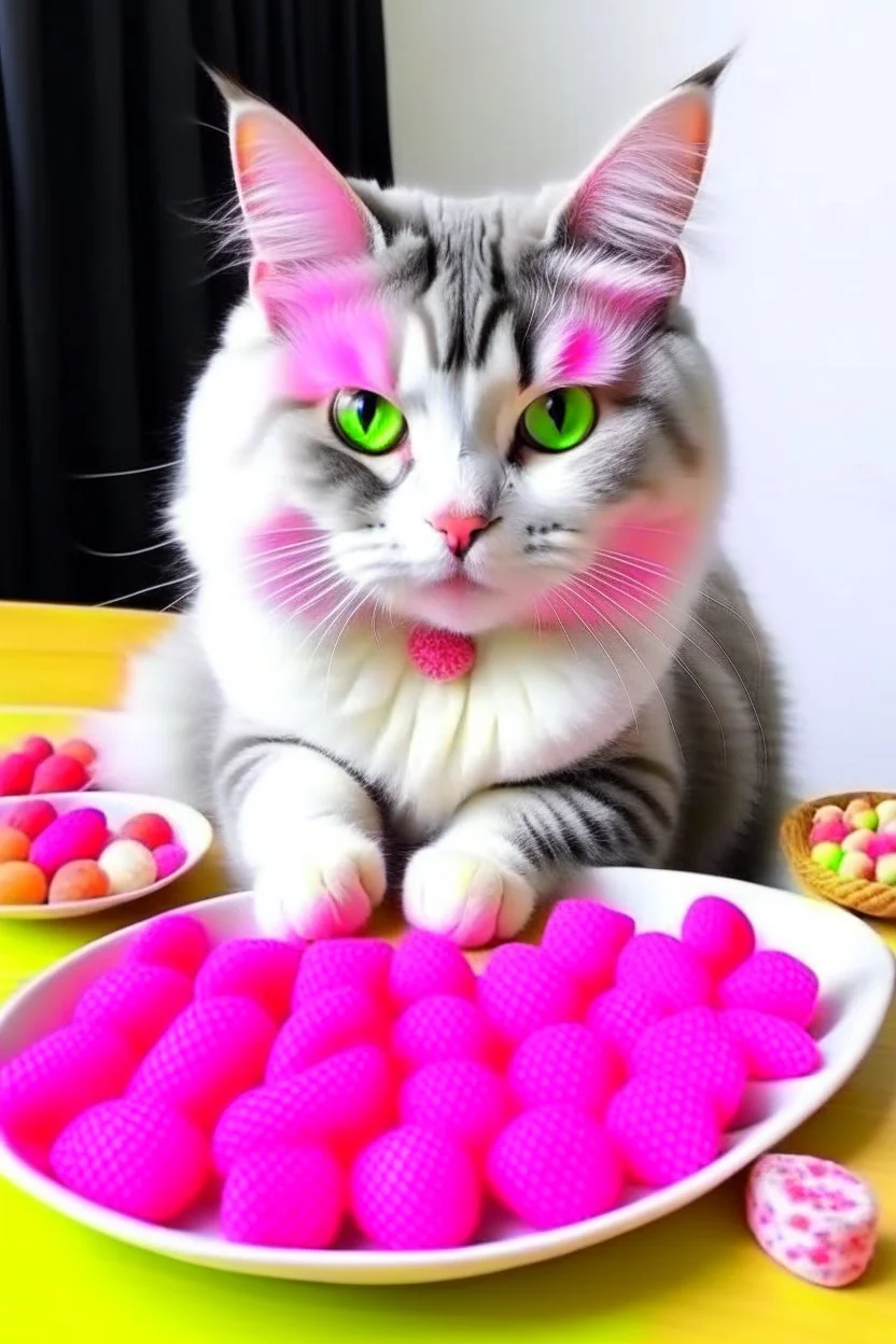 scene: Adorable,a cat eating food with a lot of food around her facts about them ◦ loves food ◦ lovely ◦ pink paws