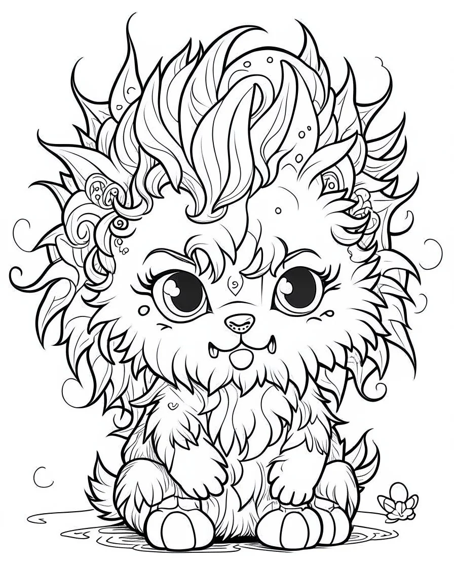 coloring page, side Gothic chibi werewolf with wild, fluffy hair, Manga style, thick lines, low detail, no shading, --ar 9:11 --v 5