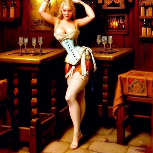 fullbody portrait 'beautiful blonde massiveboobs medieval wench on tavern in medieval city',corset,painting by gaston bussiere, greg rutkowski, yoji shinkawa, yoshitaka amano, tsutomu nihei, donato giancola, tim hildebrandt, oil on canvas, cinematic composition,sharp image, extreme detail,((fit full head inside picture)),32k