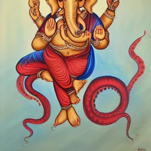 painting of ganesha flying sitting on an octopus