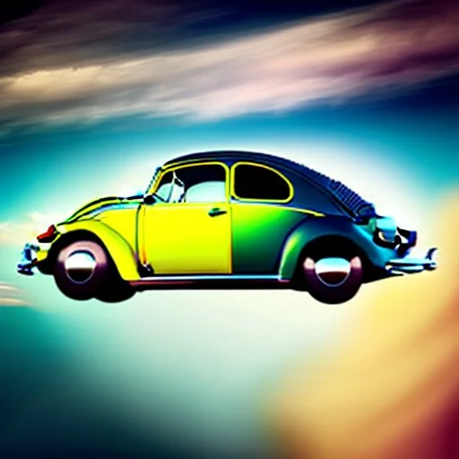 blimp vw-beetle hybrid, retrofuturistic, phototrealism, in flight, one subject,