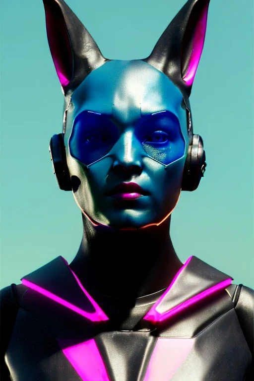 Medium Close Up Portrait, Front image. cyberpunk, rabbit mask, sweet woman, black hair and beard. latex suit army. Pink, black, blue, color. Cyborg style. Color background, photo studio. Avatar image, highly detailed, concept art, smooth, unreal engine 5, ray tracing, RTX, lumen lighting, ultra detail, volumetric lighting, 3d, finely drawn, high definition, high resolution.