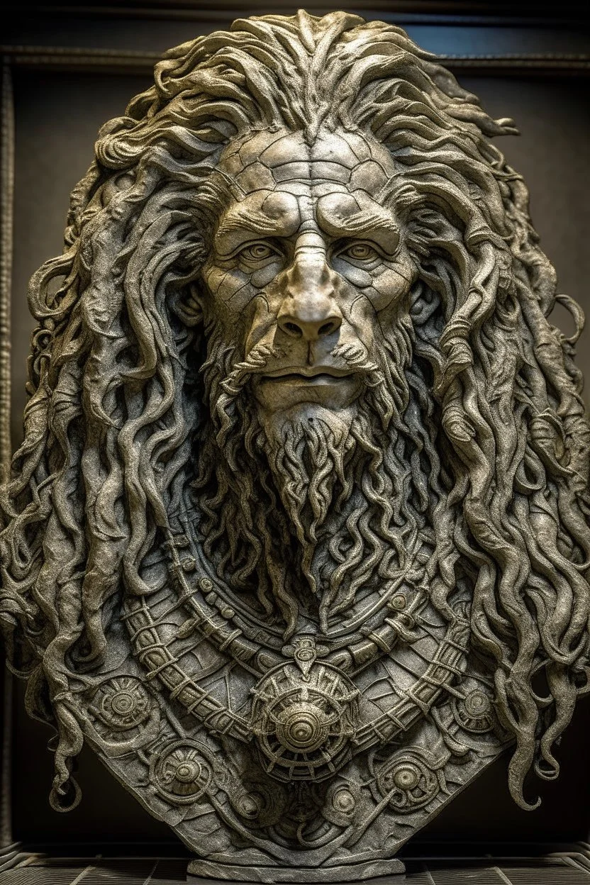 sculpture of handsome man with long curly hair and a lion , front view . decayed and rotting with grotesque proportions and imagery. abstract grotesqueries, detailed texture, surreal horror, biomechanical design, by hr giger and beksinski
