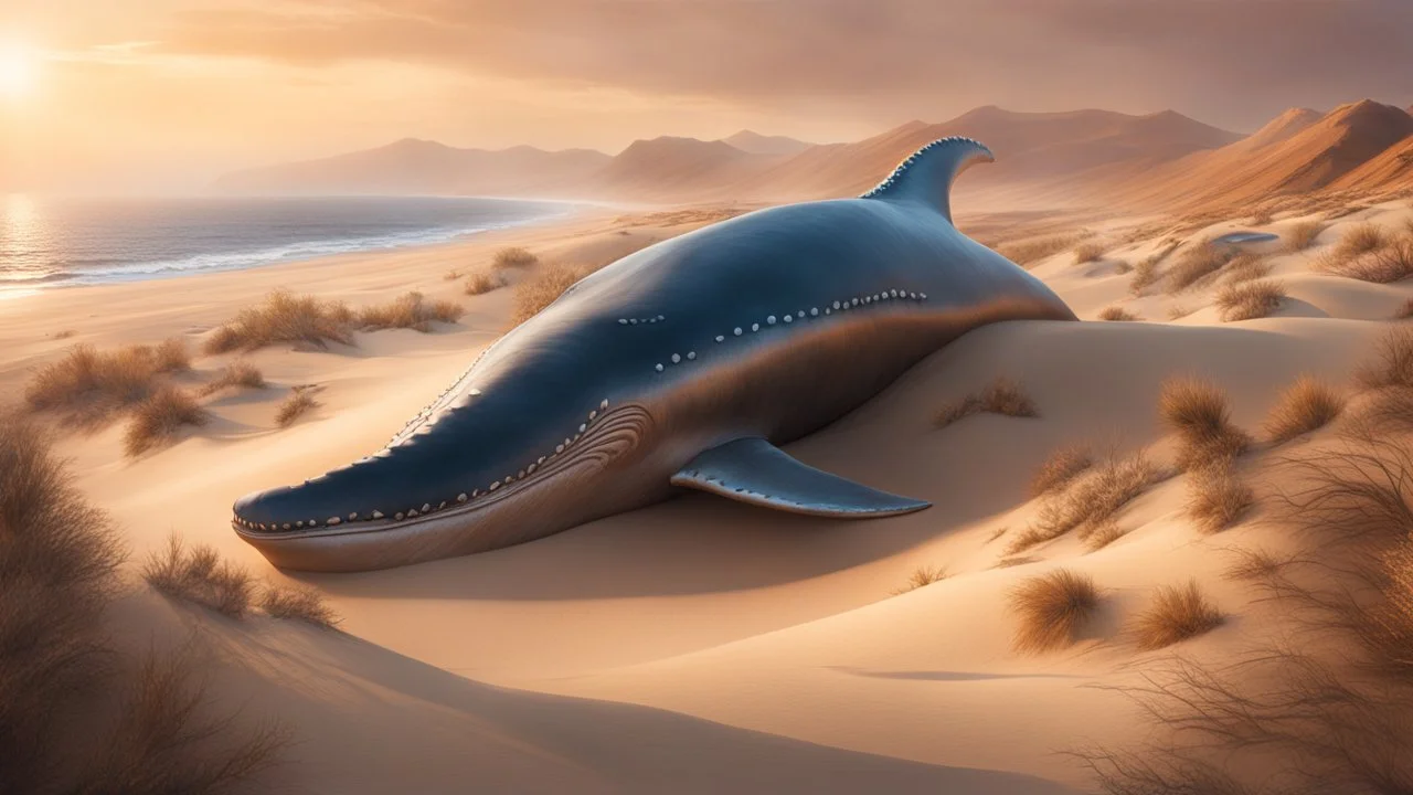 the coast of a desert seen from the top of a dune. whale bones on the beach. fantasy, cinematic lighting, hyper realisme, Hyperrealistic, splash art, concept art, mid shot, intricately detailed, color depth, dramatic, 2/3 face angle, side light, colorful background