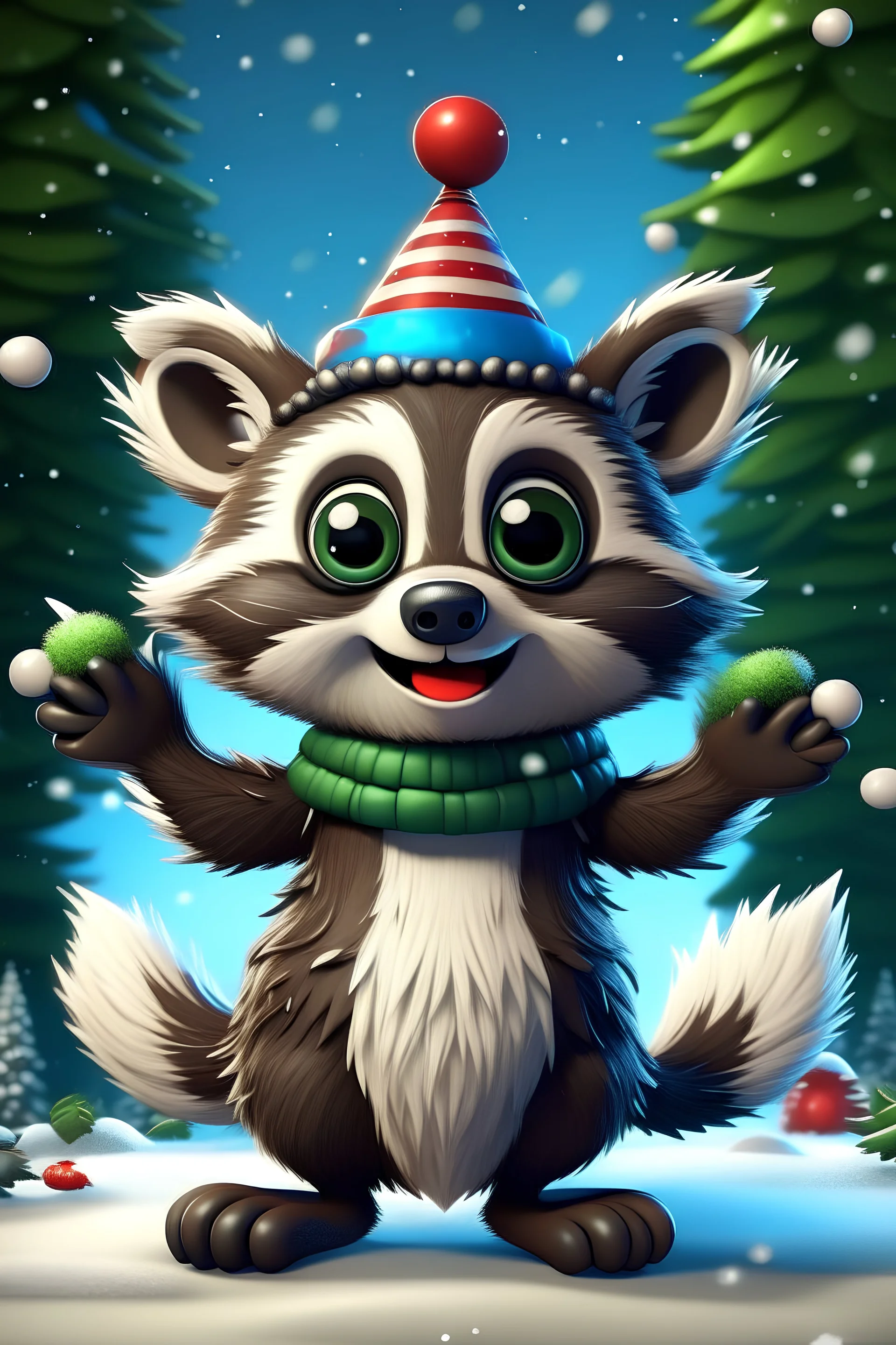 Make a Christmas raccoon from the game my singing monsters that has electric hands