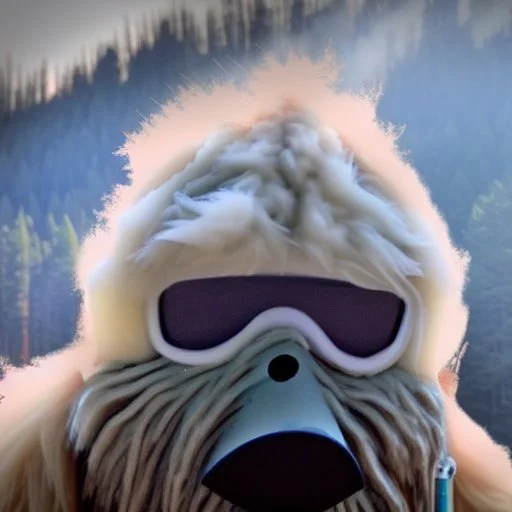 subject = (Yeti in a mask) background = (wildfires, flames, mountains, fires, smoke, disaster)