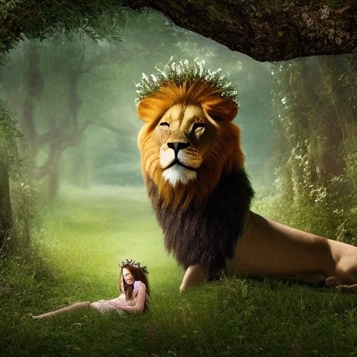 Young girl with flower crown and majestic, stunning lion on nature forest path, Chronicles of Narnia, 8k resolution, high-quality, fine-detail, iridescent, intricate, digital art, detailed matte, volumetric lighting, beautiful, illustration, 3D octane render, brian froud, howard lyon, selina french, anna dittmann, annie stokes, lisa parker, greg rutowski,