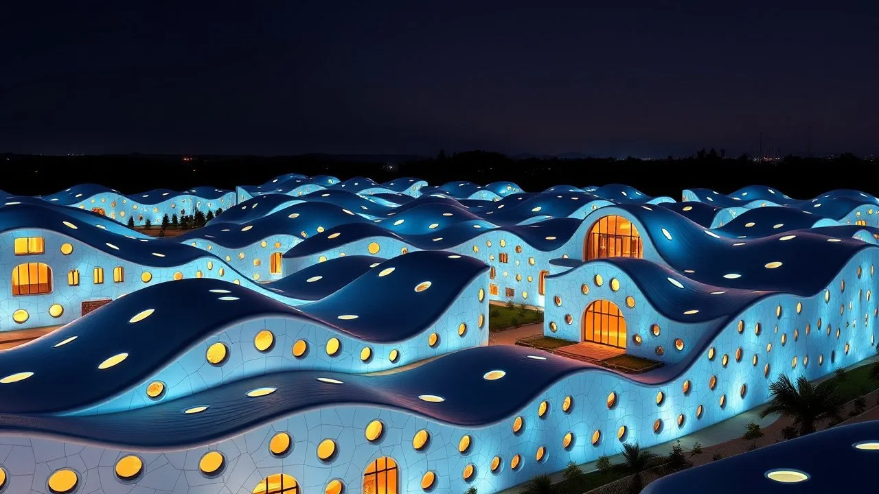 A complex of buildings with wave-inspired, curved designs crafted from luminescent materials that glow softly in the dark. The surfaces are adorned with numerous oval windows, creating a harmonious blend of form and function. Award-winning photograph, beautiful composition, exquisite detail and illumination