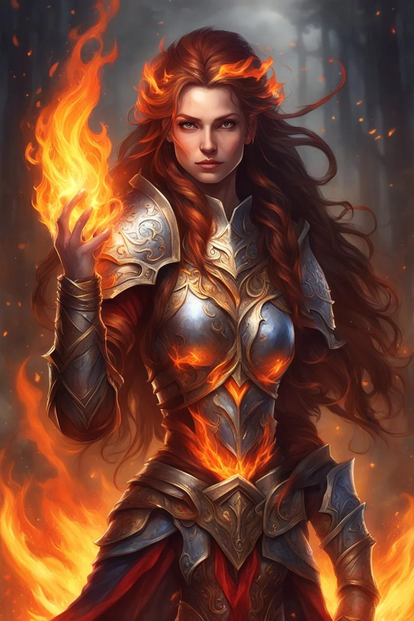 Capture the essence of a formidable female Paladin Druid, seemingly forged from fire, with eyes that gleam brightly, resembling flames themselves. Her long hair, half braided and cascading down, appears ablaze with the fiery magic she commands, flames dancing within its strands. Clad in light, magical armor, she wields the power of fire in her hands, while a significant scar on her face testifies to battles endured. Adorning her hair is a regal crown-like accessory, fashioned from the same myst