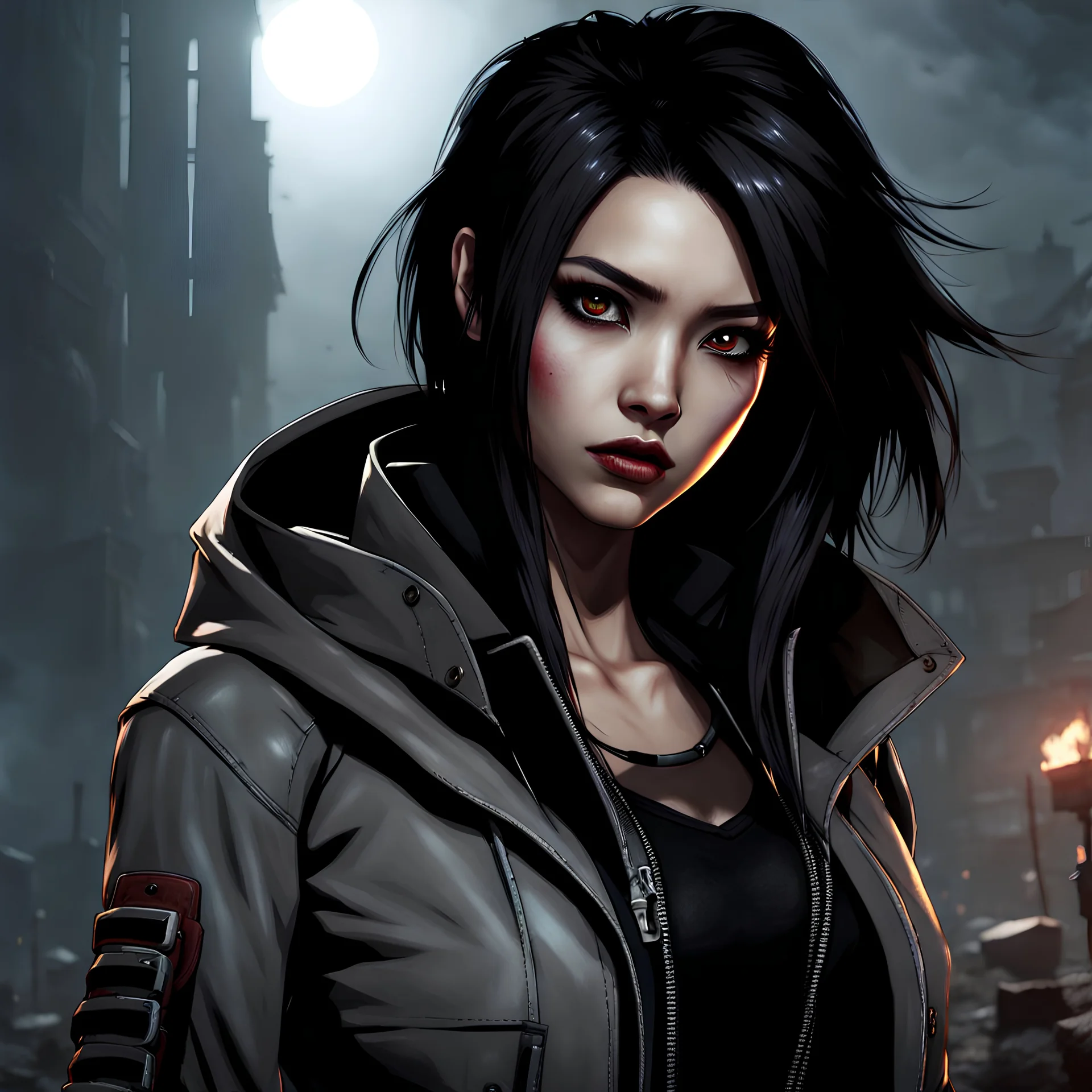 Attractive young female Malaysian vampire wearing a gray jacket, post-apocalyptic background, dark eyeshadow, shoulder length hairstyle, anime style, video game character, unreal engine, trending artstation, trending deviantart