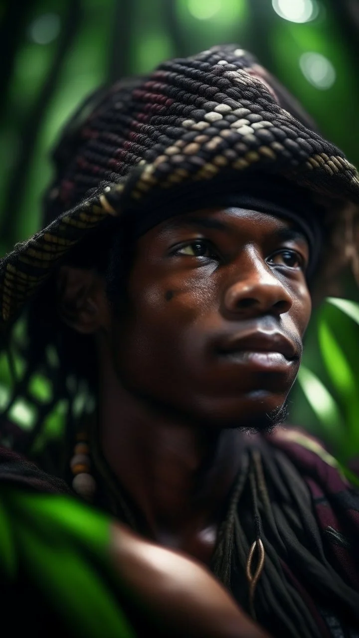 close up portrait of a happy blessed buffalo soldier woven into a sacred geometry knitted tapestry hammock over an ant hill in the middle of lush magic jungle forest, bokeh like f/0.8, tilt-shift lens 8k, high detail, smooth render, down-light, unreal engine, prize winning