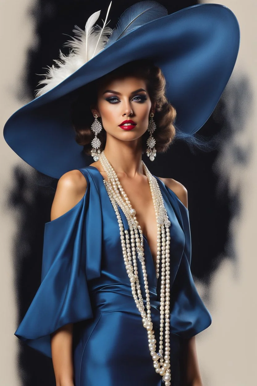 full body beautiful girl, elegant blue lace clothes of the 80s, luxury style, small elegant hat with feather, hair of the 80s, pearl necklace, earrings masterful, beautiful face