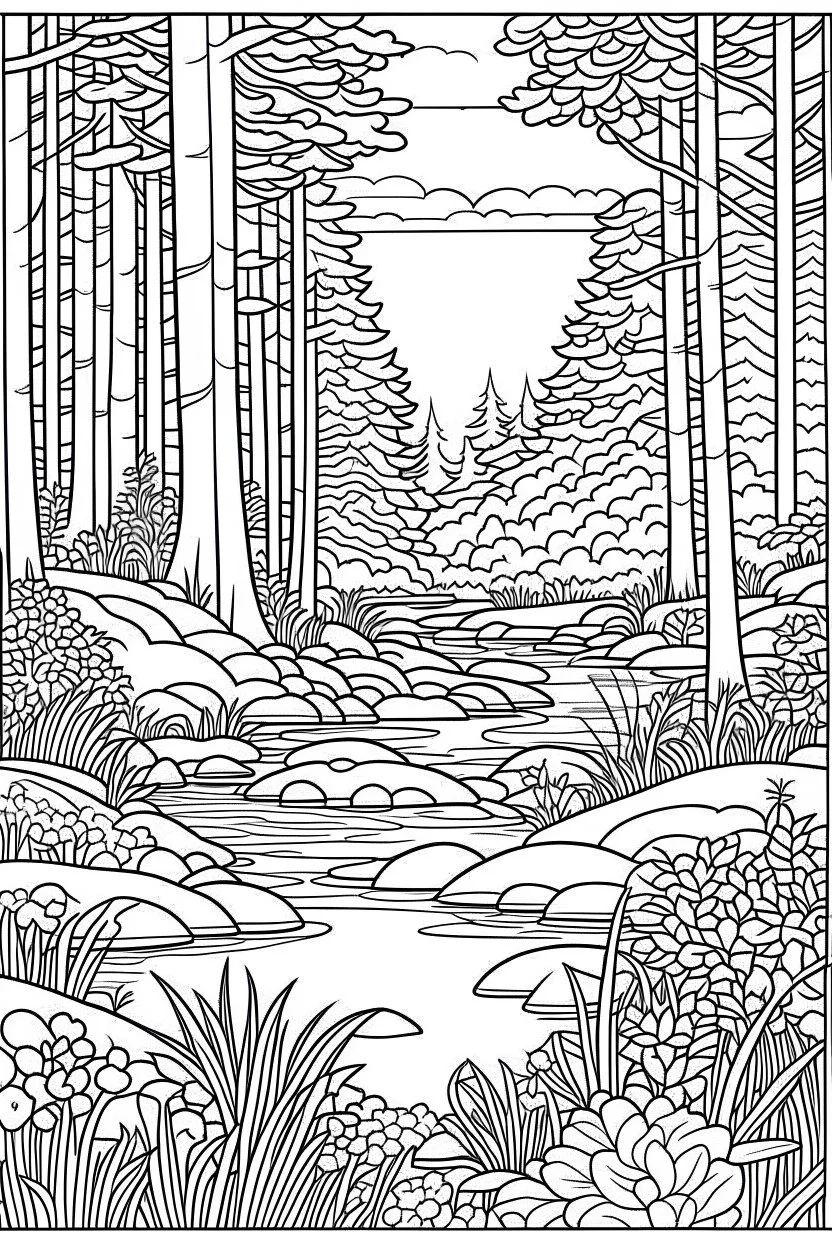 coloring page, nature, relaxing, "Enchanted Forest Retreat: Discover a peaceful scene with towering trees and woodland" full view, realistic, coloring page, only draw lines, coloring book, clean line art, –no sketch, color, –ar 3:4, white background, minimalistic black lines, minimal black color, low level black colors, coloring page, avoid thick black colors, thin black line art, avoid colors, perfect shape, perfect clear lines,