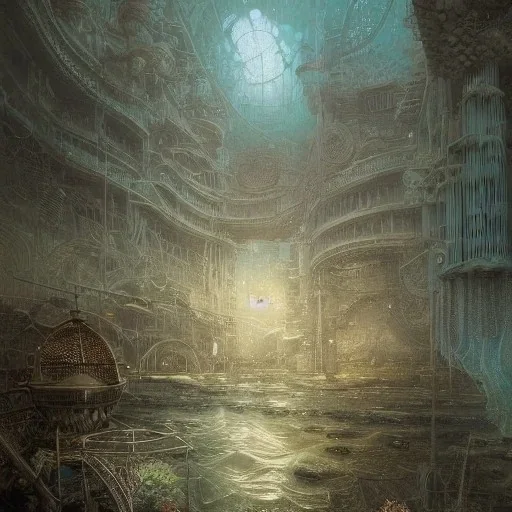 Insanely detailed photograph of an “artitcture plans of a underwater city ” with intricate waves, intricate embroidered band of stars, hyperdetailed painting by Ismail Inceoglu Huang Guangjian and Dan Witz CGSociety ZBrush Central fantasy art album cover art,8K, hdr, romantic, mysterious, ominous, flowers, jewelry, steam,oil,cafe,street vendor,steamship,D&D