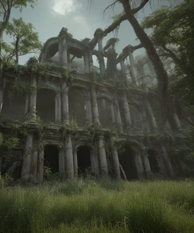 overgrown ruins of long-lost civilization