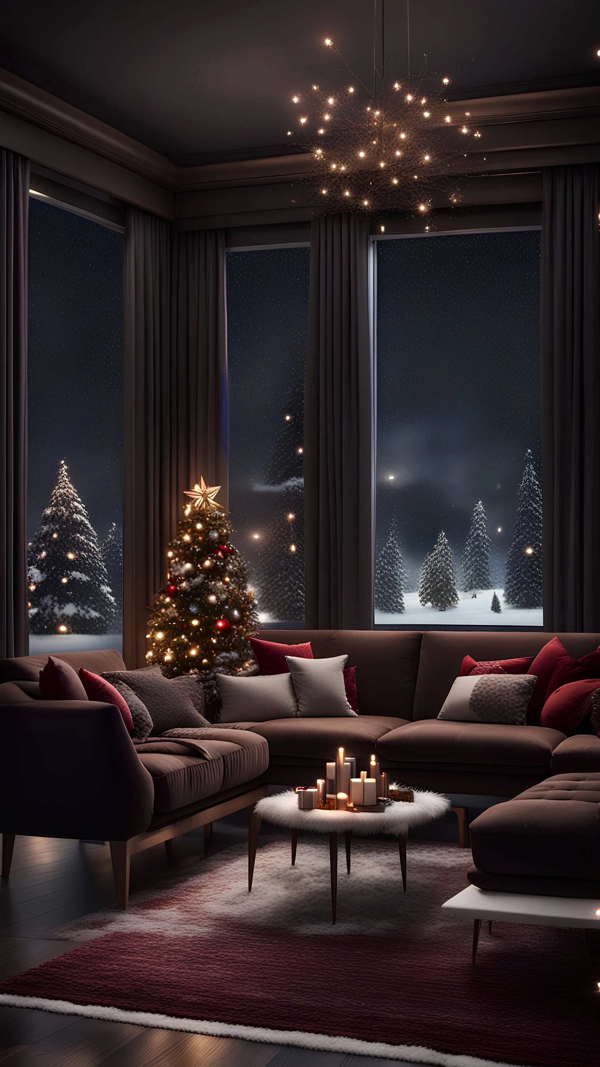 Hyper Realistic Dark Brown Living Room With Fancy Velvet Furniture & Christmas Decoration at snowfall night from window view