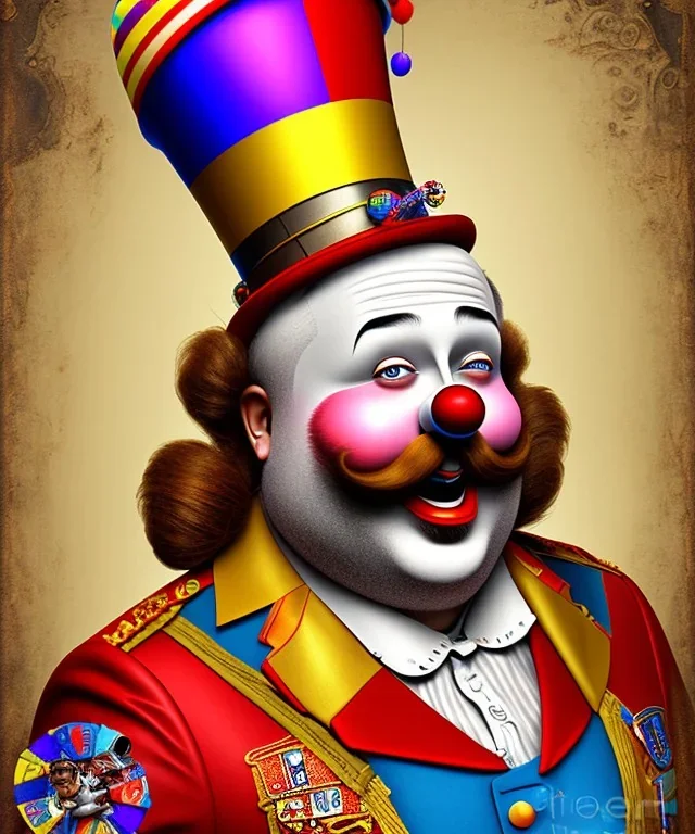 happy old friendly fat clown with round head and trimmed beard playing jazz with a steampunk theme, circus, realistic