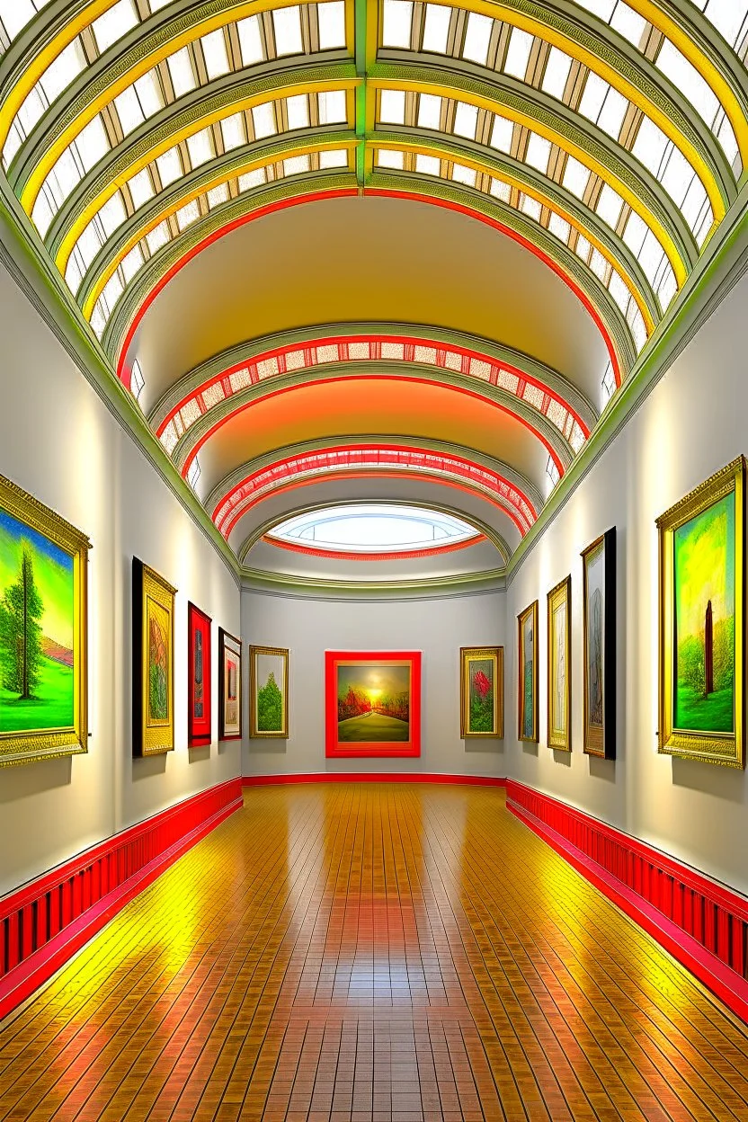 3 D-shot A hall for displaying art paintings. The walls are oval-shaped, and there is an oval wall in the middle of the hall, to divide the hall into two parts, and the paintings are hung on the walls.