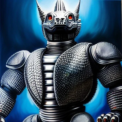 Ultra detailed fullbody Portrait in oil on canvas of Mechagodzilla with armor,intense stare,extremely detailed digital painting, extremely detailed face,crystal clear Big eyes, mystical colors ,perfectly centered image, perfect composition, rim light, beautiful lighting,masterpiece,8k, stunning scene, raytracing, anatomically correct, in the style of robert e howard and Ken Kelley and Ohrai Noriyoshi and Simon Bisley and tomzj1