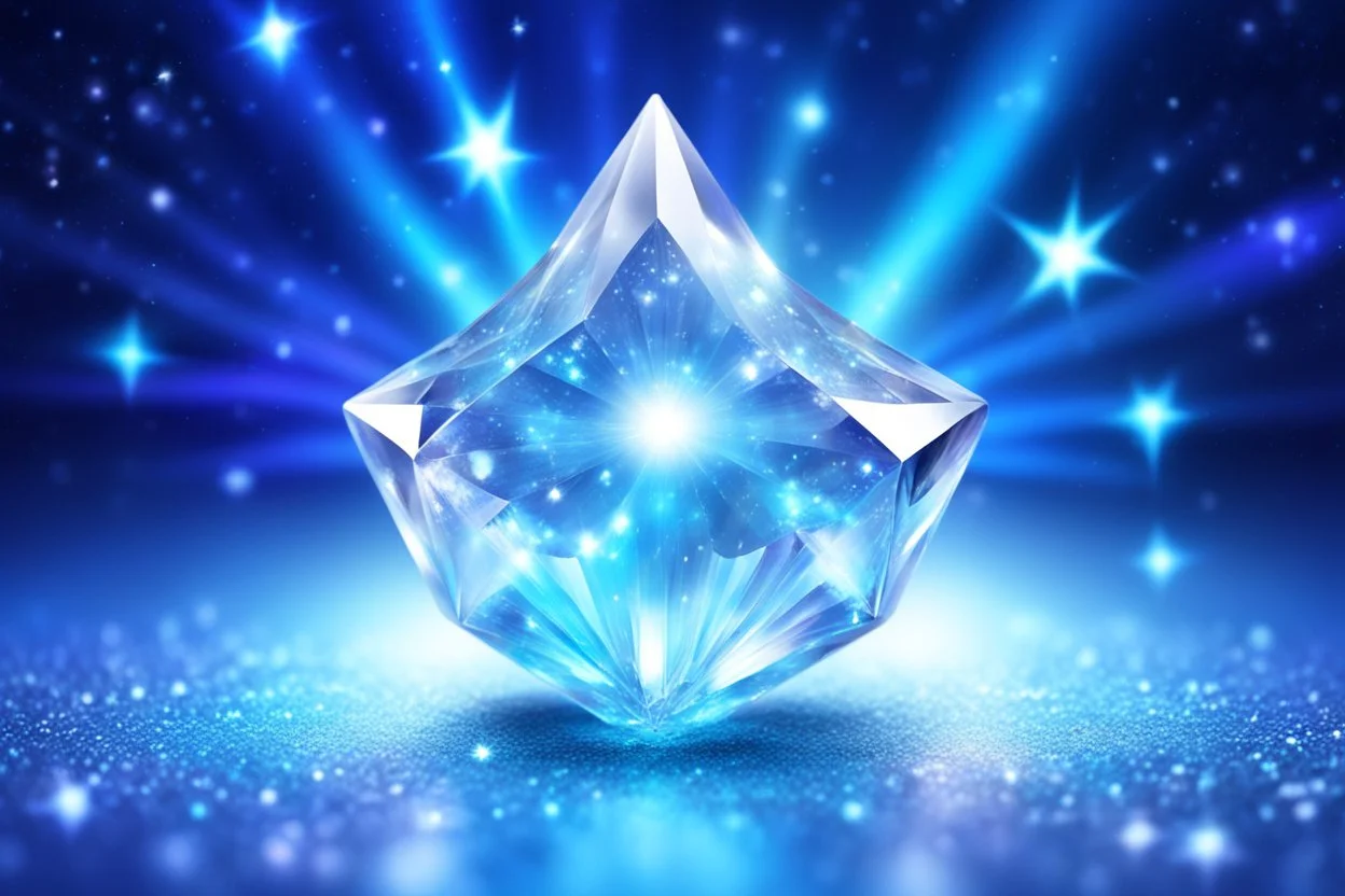 cosmic crystal light blu and white. it's glossy and as a crystal. the background is a light sky with stars galaxy and bright