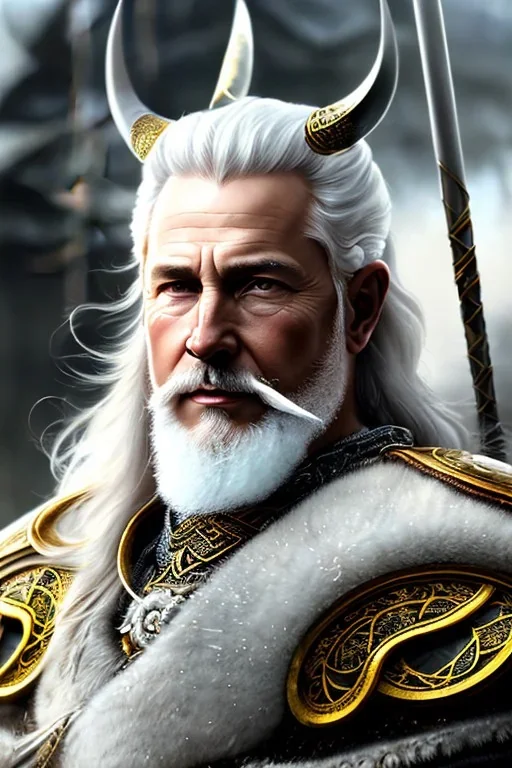 Detailed old viking king, white hair, black leather armor, intricate details, full body portrait, keep head in frame, black Japanese motif, concept art, highly detailed, digital painting, concept art, sharp focus, illustration, art by Yoji Shinkawa, WLOP and greg rutkowski and alphonse mucha and artgerm and yanjun Chen and Junji ito and Makoto Shinkai, HDR, octane render