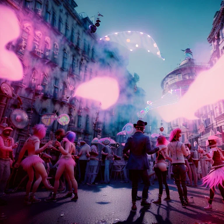 Ultra Realistic photo, medium shot view, drunken dancer women, carnival scene, steampunk. Pink hair, confeti, Sunglasses, smoking, happy, festival, red fog. highly detailed, concept art, unreal engine 5, ray tracing, RTX, lumen lighting, ultra detail, volumetric lighting, 3d, finely drawn, high definition, high resolution.