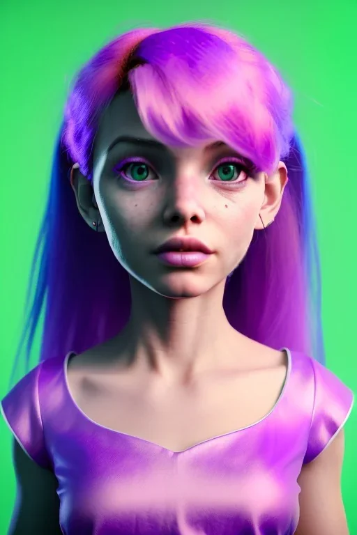 cutepurple haired human girl with bright green eyes wearing a purple/pink dress