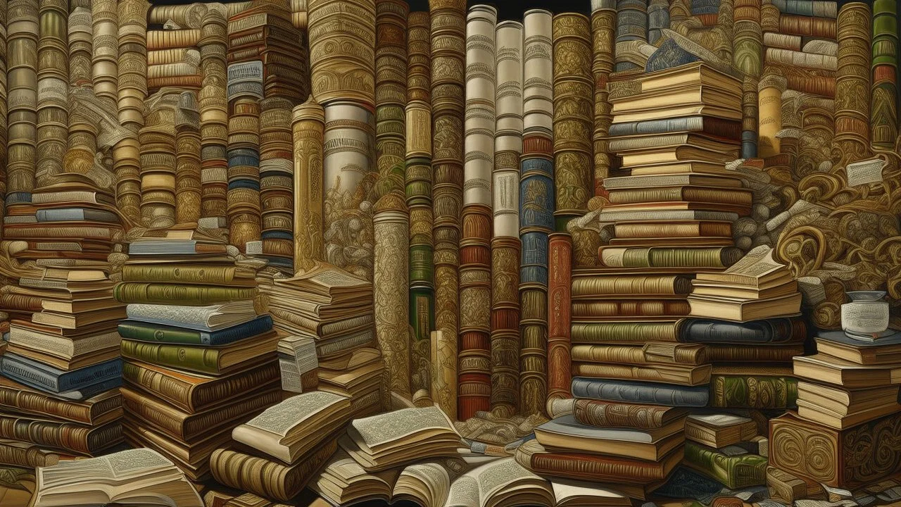 A densely packed, wall-like composition of open and closed books, creating a rich tapestry of knowledge and imagination. The books are stacked and arranged in various orientations, with some lying flat and others standing upright. Many of the books are open, revealing pages filled with text and illustrations, while others are closed, their spines displaying titles and decorative elements. The color palette is dominated by warm, earthy tones, with shades of brown, beige, and cream from the paper