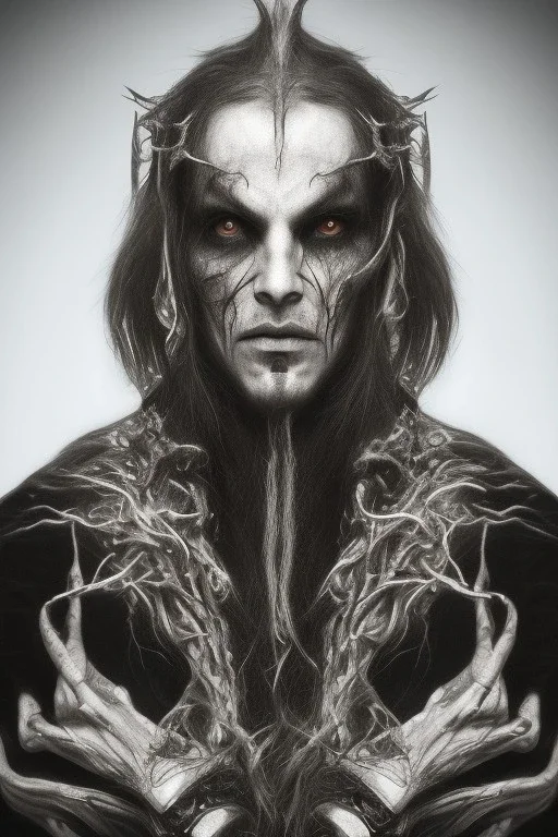 Symmetric portrait of a man with black metal facepaint , looking like Nergal from Behemoth, holding black candle