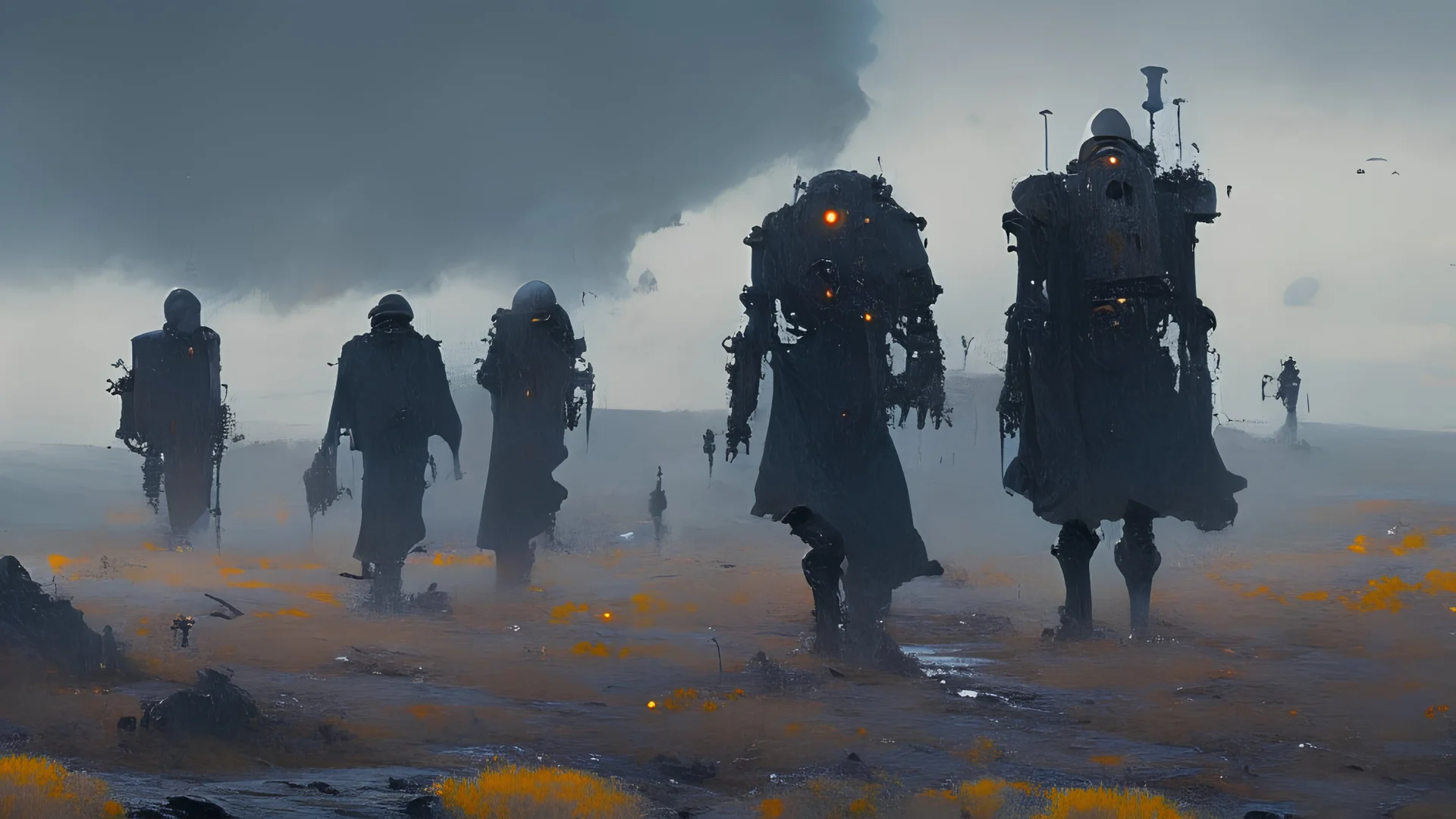 marching machine soldiers, creepy landscape, techno gothic visual composition, science fiction painting, Denis Sarazhin, Quint Buchholz, Simon Stålenhag, Neil Blomkamp, Christopher Shy, Alejandro Burdisio, RAW, gritty high contrast, atmospheric horror, unsettling art, dark palette, harsh colour