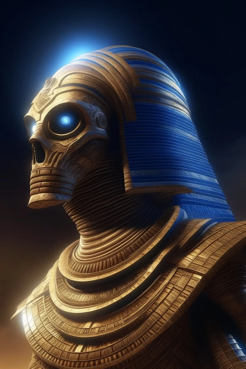 portrait of sand faced mummy robot, stars shining, Egyptians with the hair standing straight up in front of pyramid of Babel. 4 k, down light, depth of field, trending art, spray paint, high detail, fantasy art, alien connection, future tech