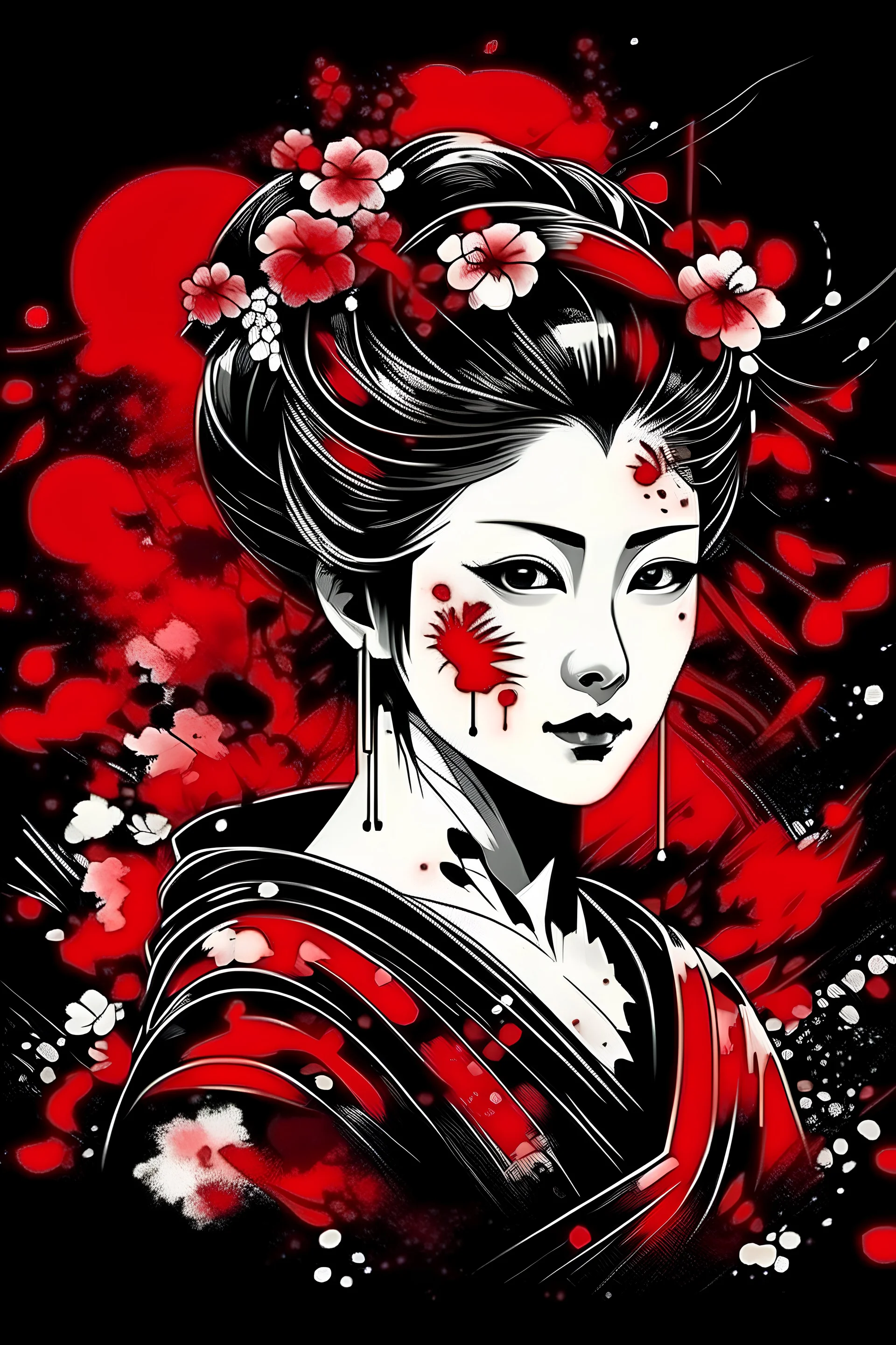 Graphic for t-shirt print. Ink art style Geisha with range, red elements ink