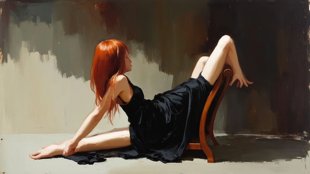 Avant-garde painting. We see a girl from behind, in a black dress, lazily, half-lying on a chair, her legs tightly crossed, one hand loosely draped over the back of the chair. Her long red hair falls down her back.