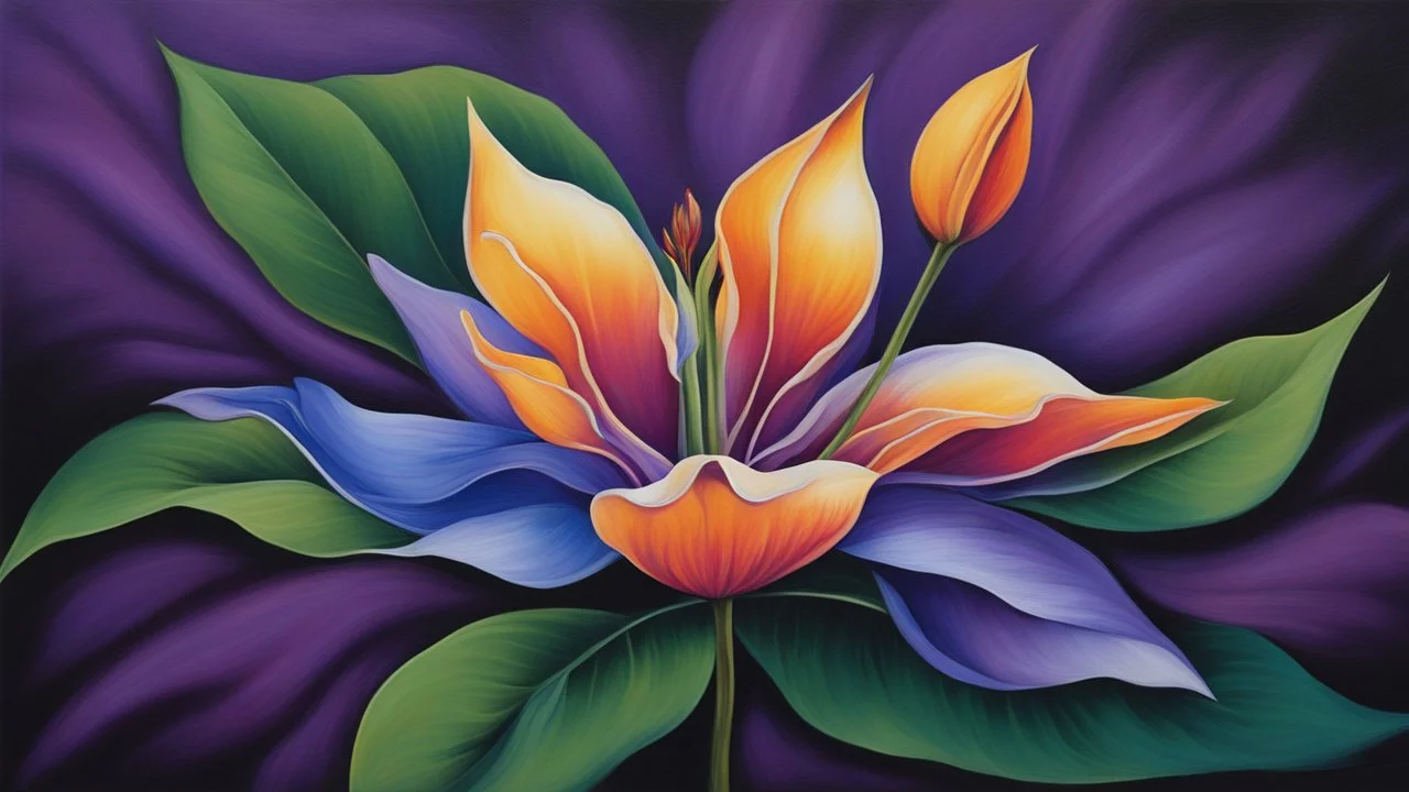 This artistic piece is an embodiment of beauty and harmony. It expertly blends the colors of the spectrum to create a mesmerizing effect that captivates both the eyes and the mind. The focal point of the artwork is a single flower, a deep lilac blossom with its delicate petals gleaming under the moonlight. The vibrant colors harmonize with the dark background in a way that creates a splendid contrast.