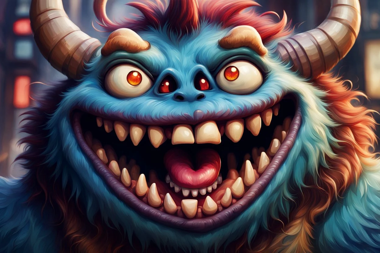 closeup of a maniacal grinning monster's face, big teeth, fur, bumps and curled horns, my pet monster inspiration, urban character design