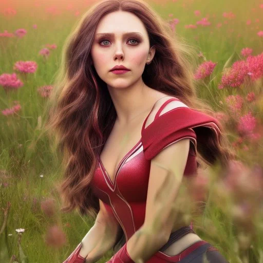 Feiticeira escarlate, Elizabeth Olsen, feiticeira, magia, rosto detalhado belo, bonita, cenário em um campo de flores, cinematográfico, dramático, por do sol, campo de flores, cores frias