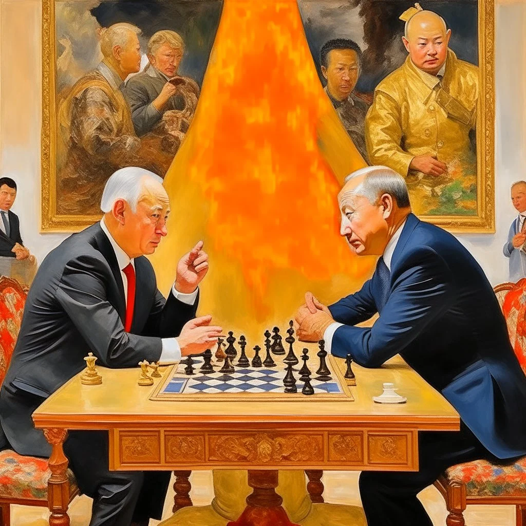 Putin, President Xi Of China And Joe Biden Play Chess With A Pigeon,Ufo And Atomic Bomb Mushroom Cloud,Complex Surgical Instruments Intermixed With A Newborn Boy,Minimalism,Painting By Adrian Ghenie,Rene Magritte,Pablo Picasso,Michelangelo,Salvador Dali,Lucian Freud