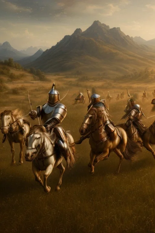 detailed oil painting, renaissance style, of mounted knights galloping across an open field, swords in hand, mountains in distance