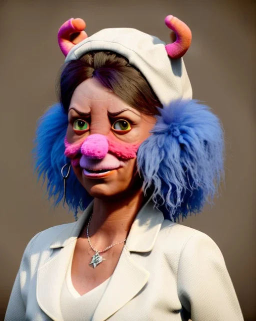 Portrait, hybrid character, waitress woman with monster muppet mask that covers her entire head, retro style, Sesame Street style, smooth, unreal engine 5, god lights, ray tracing, RTX, lumen lighting, ultra detail, volumetric lighting, 3d.