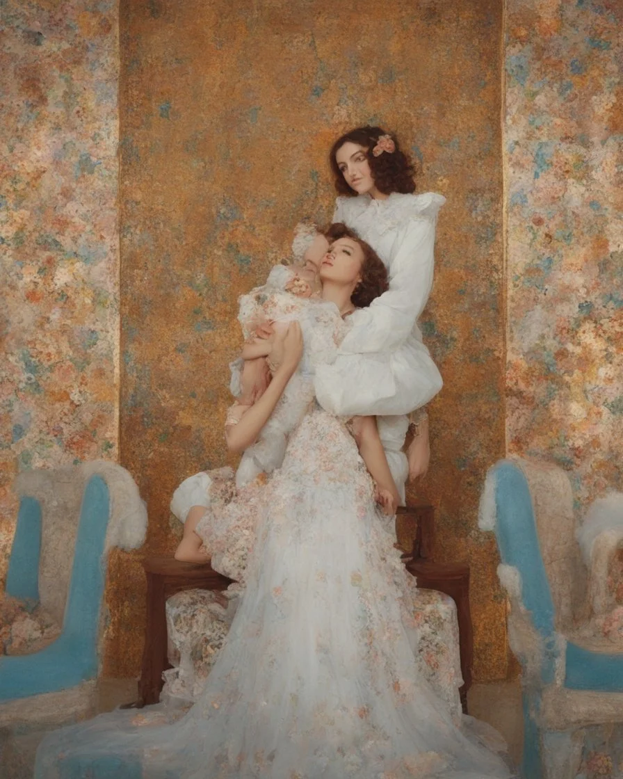 Masterpiece, fine art, award winning, "the Kiss in a chair by Gustav Klimt", RAW photo, eye candy in the style of (petra collins::Robin Eley:1.5), (Suhaila Ben Lachhab::Heidi Moussa:1.5) in breathtaking cinematic shot (full body shot, from below angle) that emphasizes the stunning cheek bones, texturized black hair,(big detailed eyes:1.5) (cottagecore aesthetic:5) with extreme sensuality, Irresistible with (porcelain skin:4.8), sitting on an old chair, retro vintage style