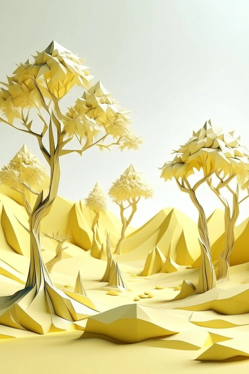 An ivory yellow arid desert with dry trees designed in Japanese origami painted by Qiu Ying