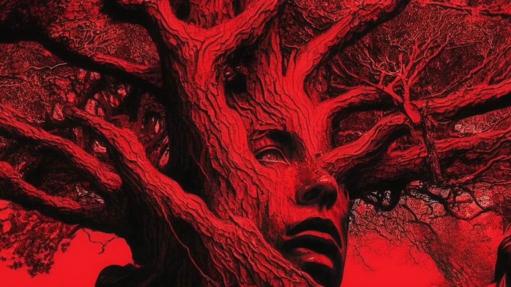 red tree, highly detailed, beautiful desktop wallpaper, comic style, human faces on tree