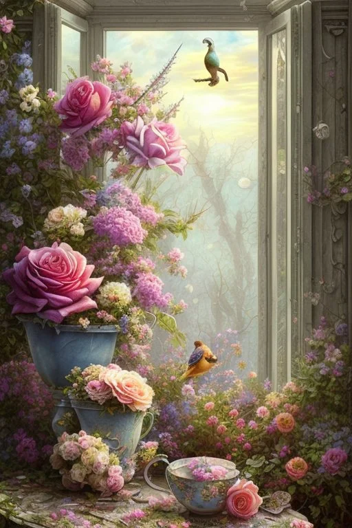 Shabby chic window with flowerpots and bouquets filled with beautiful flowers.full sunlight, stormy clouds, bird, watercolour and ink, stained glass Modifiers: elegant intricate beautiful fantastic view crisp quality colourful Jean-Baptiste Monge pastel colors full view