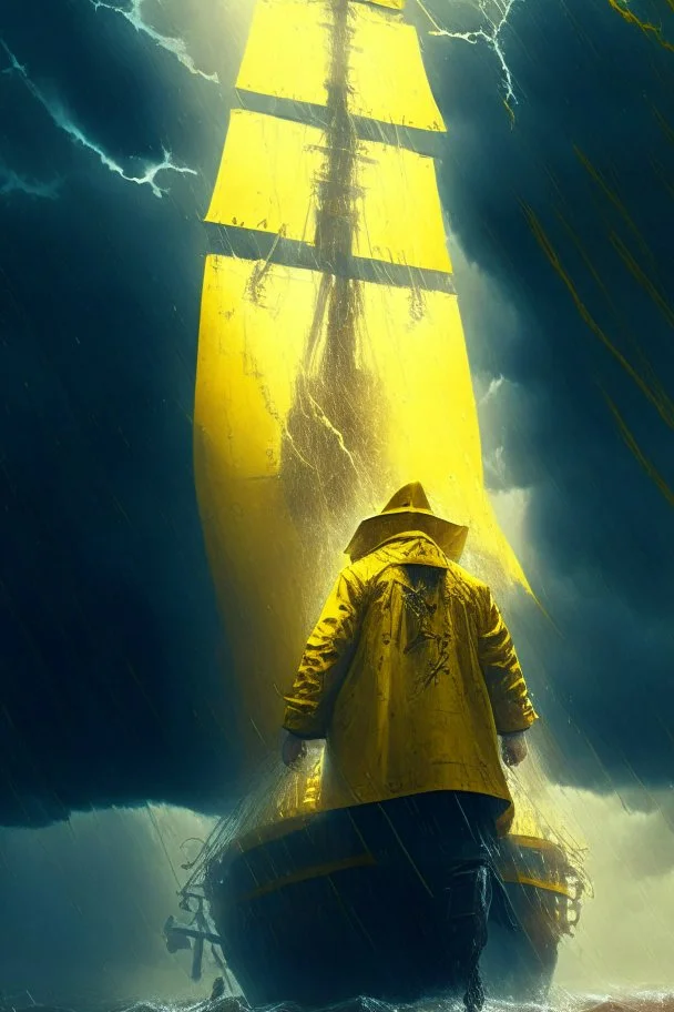 dead seafarer in yellow raincoat on enormous living wooden ship, storm clouds, lightening, volumetric light,depth of field, fantasy art, 4k, highly detailed, sunbeam