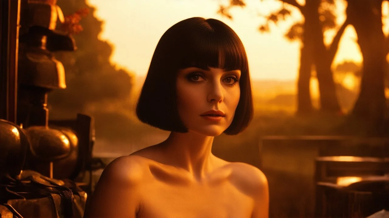 low-level shop of Louise Brooks looking down at the camera with a warm-toned fantasy landscape behind her