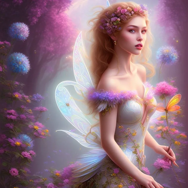 bright fairy, beautiful portrait, flowery landscape