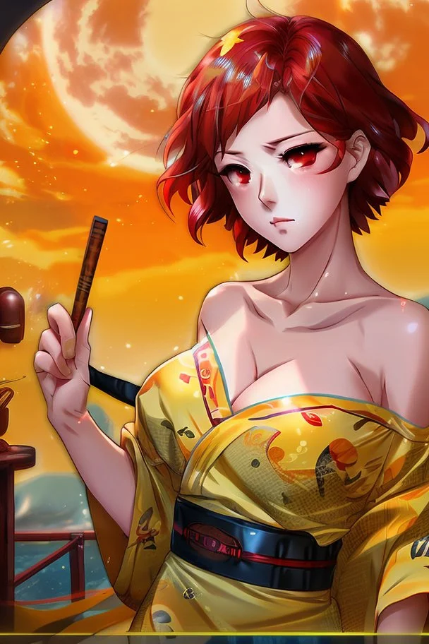 (Asian), short hair, fiery red hair hair, normal hands yukata, yellow clothes, 8k, best quality, winking, very dark night time, lighting from moon yellow moon, perfect, masterpiece, anime style, cartoon style,