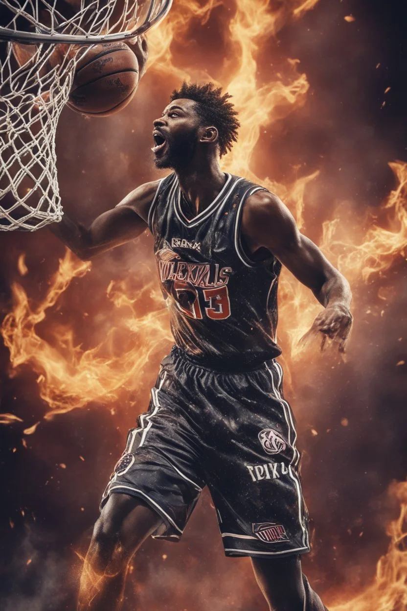 8k, highly realistic and detailed image of a NBA basketball player in action dunking the ball in the net, sweaty hair, screaming look,action and smoke and flames background